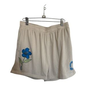 Overtime Cream Mesh Shorts with Blue Floral Design and Tiger S